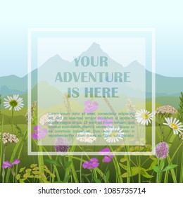 Template card with herb, field flowers, mountains in watercolor style. Greenery natural invite, country backgrounds, alpine banner with text place and cover.