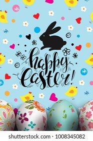 Template card with ink handwritten inscription Happy Easter and realistic colorful eggs. Vector floral background. Brush lettering, calligraphy. Hand drawn bunny. Flowers. Folk painting.