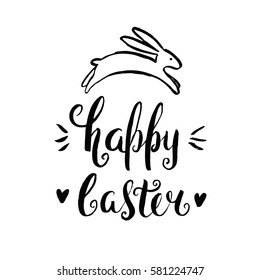 Template card with ink handwritten inscription Happy Easter and bunny. Vector background. Brush lettering, calligraphy. Hand drawn font. Black and white.