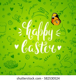 Template card with ink handwritten inscription Happy Easter and butterfly. Rabbit jumping on flower meadow. Vector background. Brush lettering, calligraphy. Hand drawn doodles. 