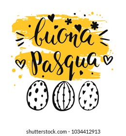 Template card with ink handwritten Italian inscription Happy Easter and eggs. Vector background. Brush lettering, calligraphy. Hand drawn font. Black, yellow and white.