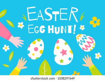 Template card with inscription Easter egg hunt. Decorated eggs, flowers and kids hands. Vector holiday background. Children playing on the glade.