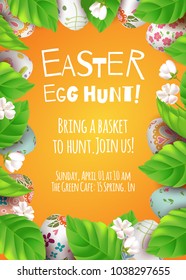 Template card with inscription Easter egg hunt. Realistic decorated 3D eggs, leaves, twigs blossom cherry and flowers. Vector holiday yellow background. Frame for posters, flyers, cards.
