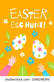 Template card with inscription Easter egg hunt. Decorated eggs, flowers and kids hands. Vector holiday yellow background. Children playing on the glade.