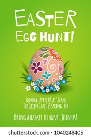 Template card with inscription Easter egg hunt and realistic decorated 3D egg. Vector holiday green background.  Grass and flowers.