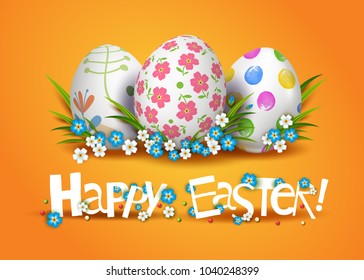 Template card with inscription Happy Easter and realistic 3D decorated egg. Vector holiday orange background.  Grass and flowers.