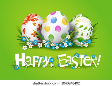 Template card with inscription Happy Easter and realistic 3D decorated egg. Vector holiday green background.  Grass and flowers.