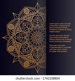 Template for card or invitation with beautiful golden gradient mandala and place for text. Vector image.