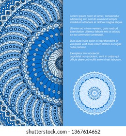 Template for card or invitation with blue ornament and place for text. Vector design with mandala pattern.