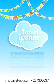 template card or invitation with a cloud and garlands flags sticker on a sky background