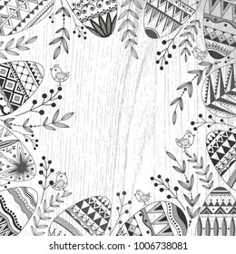 Template for a card or invitation consisting of Easter eggs and plant elements
