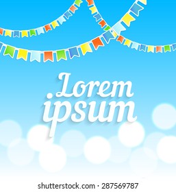 template card or invitation with a garlands of flags sticker with shadow and bokeh lights on a sky background