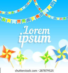 template card or invitation with a garlands of flags, pinwheels stickers and bokeh lights with shadow on a sky background