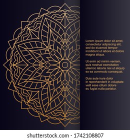 Template for card or invitation with golden floral mandala and place for text. Beautiful vector drawing.