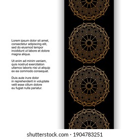 Template for card or invitation with golden lace mandalas on black background and place for text. Vector design.