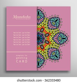 Template for Card or Invitation with Mandala round ornament, decorative abstract background with place for the text. Circular floral geometric pattern, isolated element