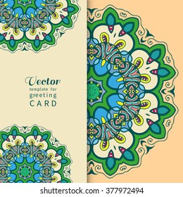 Template for Card or Invitation with Mandala round ornament, decorative abstract background with place for the text. Circular floral geometric pattern, isolated element