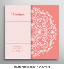 Template for Card or Invitation with Mandala round ornament, decorative abstract background with place for the text. Circular floral geometric lace pattern, isolated element