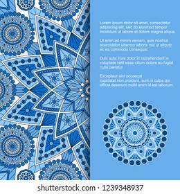 Template for card or invitation with ornament in ethnic style and place for text. Vector design with blue and white mandala pattern.