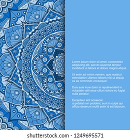 Template for card or invitation with ornament in ethnic style and place for text. Vector design with blue mandala pattern.