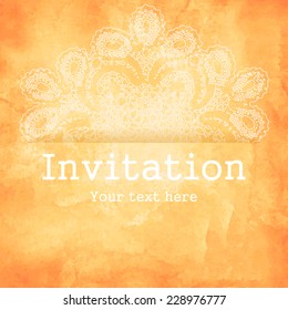 Template card invitation with place for text on a watercolor background of old paper with crochet doily lace. EPS  10