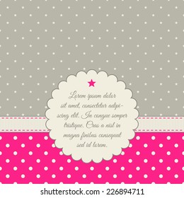 Template for card, invitation, save the date, photo frame. Bright pink, gray, cream colors. Frame, ribbon, polka dot background, star-shaped background.