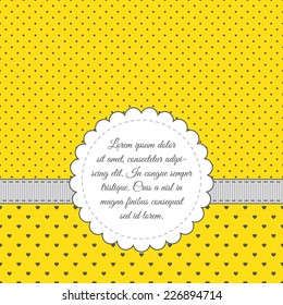 Template for card, invitation, save the date, photo frame. Gray, yellow, white colors. Frame, ribbon, polka dot background, heart-shaped background.