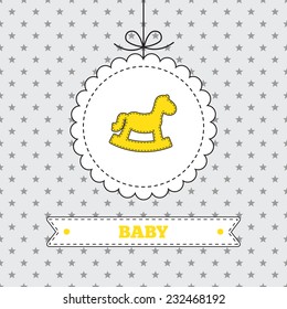 Template for card, invitation, save the date, photo frame. Yellow, gray, white colors. Frame, rocking horse icon, banner, star shaped background.