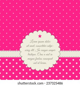 Template for card, invitation, save the date, photo frame. Bright pink, cream colors. Frame, ribbon, polka dot background, star-shaped background.