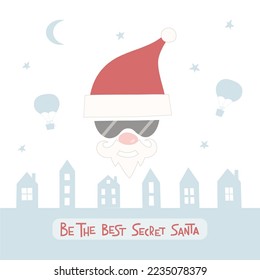 Template for card, invitation. Vector illustration with Secret Santa, landscape, text, Gift delivering for Christmas event, party.