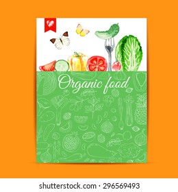 Template for card, leaflet, booklet. Watercolor vector background with vegetarian food.  Healthy. Cucumber, tomato, pepper, salad, radish. Sketch. Isolated elements for easy use.