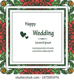 Template of card, lettering of happy wedding, with crowd cute wreath frame. Vector