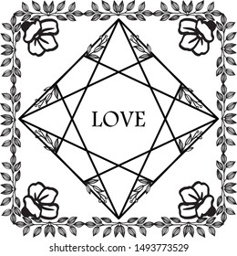 Template of card love, with plant of leaves and wreath frame. Vector
