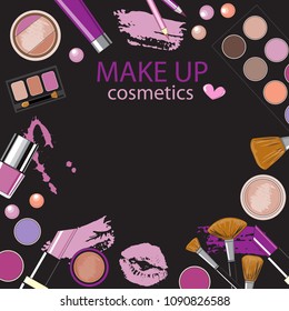 Template card make up beautiful cosmetics on a black background