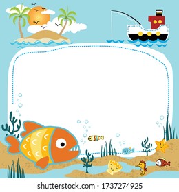 Template card with marine life cartoon, fishing boat, summer island. Sea life elements vector illustration