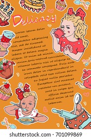 Template of a card, menu,  invitation, certificate with a frame of a kitchen set and eating girls. Hand drawn vector illustration