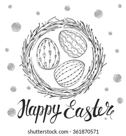 Template card with nest and eggs. Vector background.  Lettering, calligraphy. Handwriting inscription Happy Easter. 