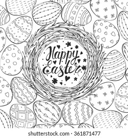Template card with nest and eggs. Vector background.  Lettering, calligraphy. Handwriting inscription Happy Easter.