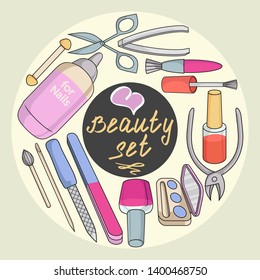 Template for card with objects makeup and manicure items.. Hand drawn ornaments. Doodles.
