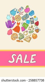 Template for card with objects shopping. Hand drawn ornaments. Doodles.