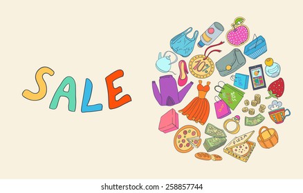 Template for card with objects shopping. Hand drawn ornaments. Doodles.