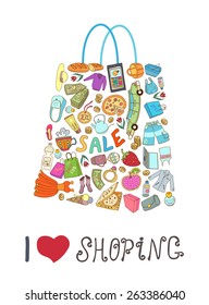 Template for card with objects shopping. Hand drawn ornaments. Doodles.