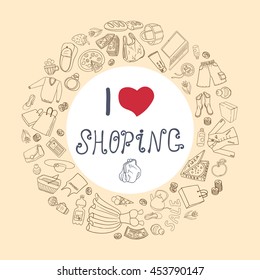 Template for card with objects shopping. Hand drawn ornaments. Doodles.