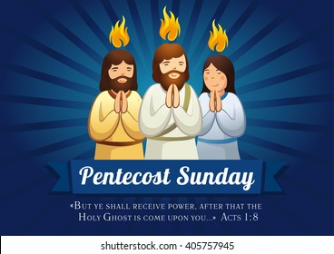 Template card on the day of Pentecost as the Apostles praying with tongues of fire above them and text Acts 1:8. Pentecost sunday banner