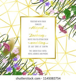 Template card on geometric background with seven herbs of autumn equinox. Japanese mock up, template for Shubun no hi greeting, birthday cards, wedding inviration, covers and posters with text place.