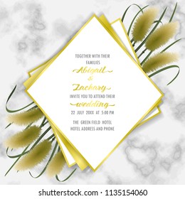 Template card on marble background with miscanthus in watercolor style. Classic square mock up, template for greeting, birthday cards, wedding inviration, covers and posters with text place.