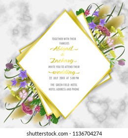 Template card on marble background with seven herbs of autumn equinox. Japanese mock up, template for Shubun no hi greeting, birthday cards, wedding inviration, covers and posters with text place.