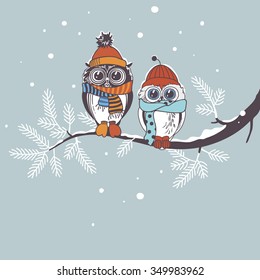 Template card with owls on branch. Greeting card for winter holidays. Drawing owl couple. 