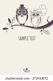Template card with owls on a tree branch. Greeting card. Drawing owl couple.  Wedding invitation.