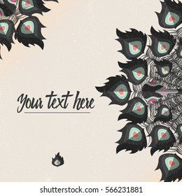 Template card with peacock colorful feathers and place for text, vector illustration